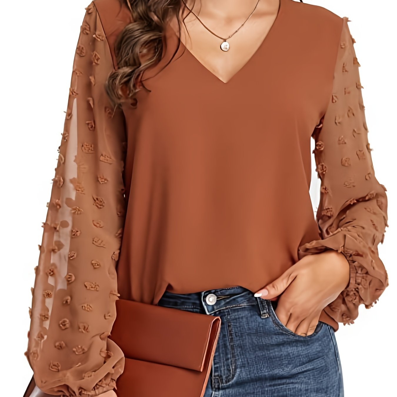 Elegant Swiss Dot Blouse for Women with V Neck Balloon Sleeve Relaxed Silky Style