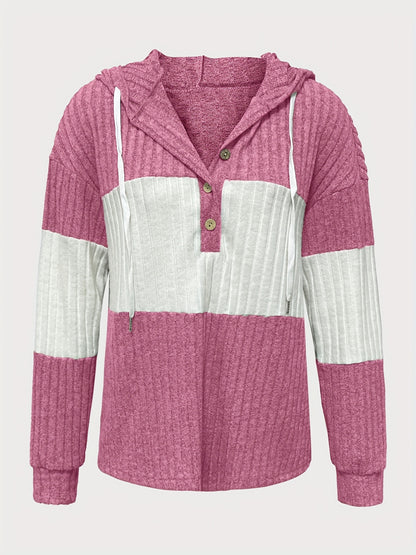 Comfortable Green Ribbed Knit Hoodie for Women with V Neck Long Sleeve Button Placket Relaxed Style