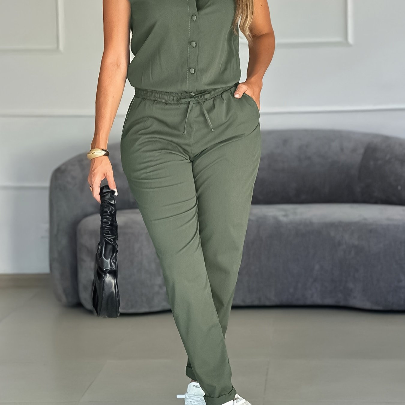 Elegant Army Green Jumpsuit for Women with Collar Cap Sleeve Drawstring Waist Tapered Style