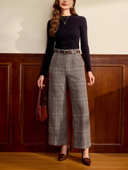 Elegant Plaid Wide Leg Trousers for Women with High Waist Belted Cropped Tailored Style