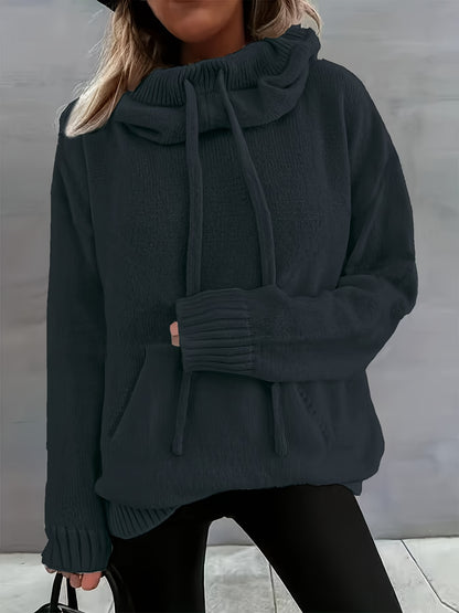 Comfortable Knit Sweater for Women with Cowl Neck Long Sleeve Drawstring Oversized Relaxed Style