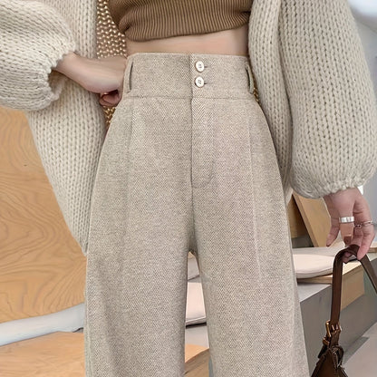 Effortless Herringbone Wide Leg Pant for Women with High Waist Button Front Pleated Tailored Style
