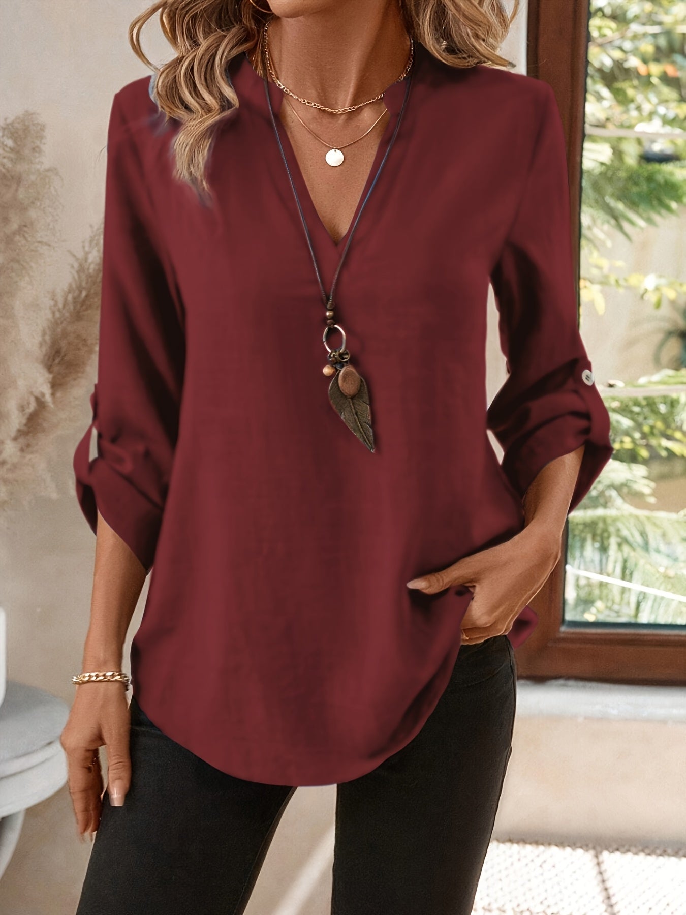 Effortless Tunic Blouse for Women with Collar V Neck Long Sleeve Roll Tab Relaxed Style