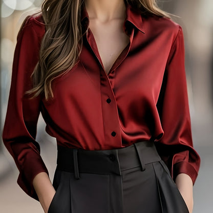Elegant Satin Blouse for Women with Collar Long Sleeve Button Front Relaxed Silky Style