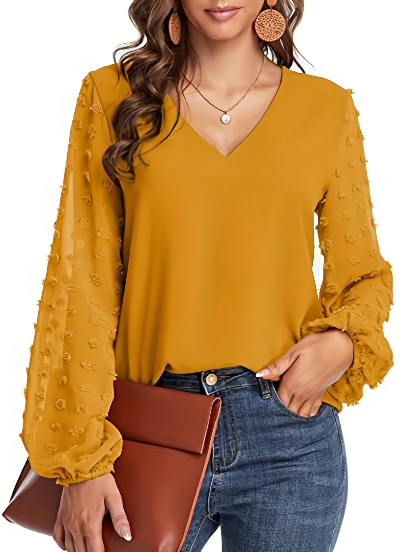 Elegant Swiss Dot Blouse for Women with V Neck Balloon Sleeve Relaxed Silky Style
