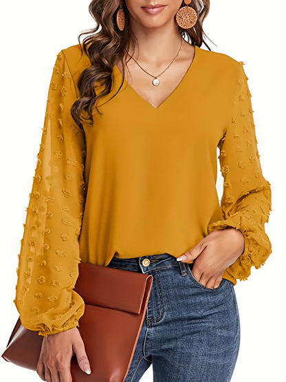 Elegant Swiss Dot Blouse for Women with V Neck Balloon Sleeve Relaxed Silky Style