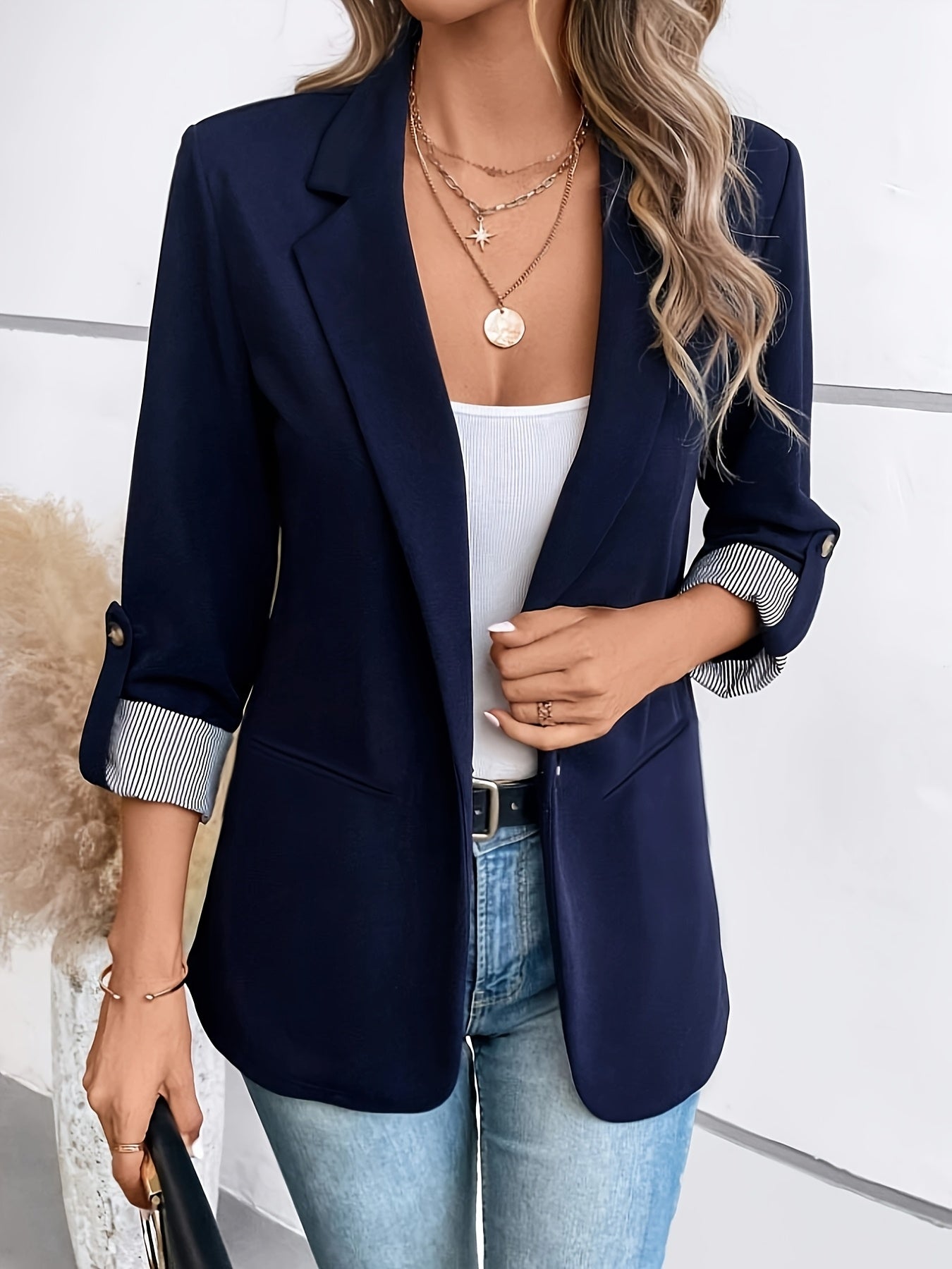 Elegant Blazer Jacket for Women with Notch Lapel Roll Tab Sleeve Striped Cuff Relaxed Style