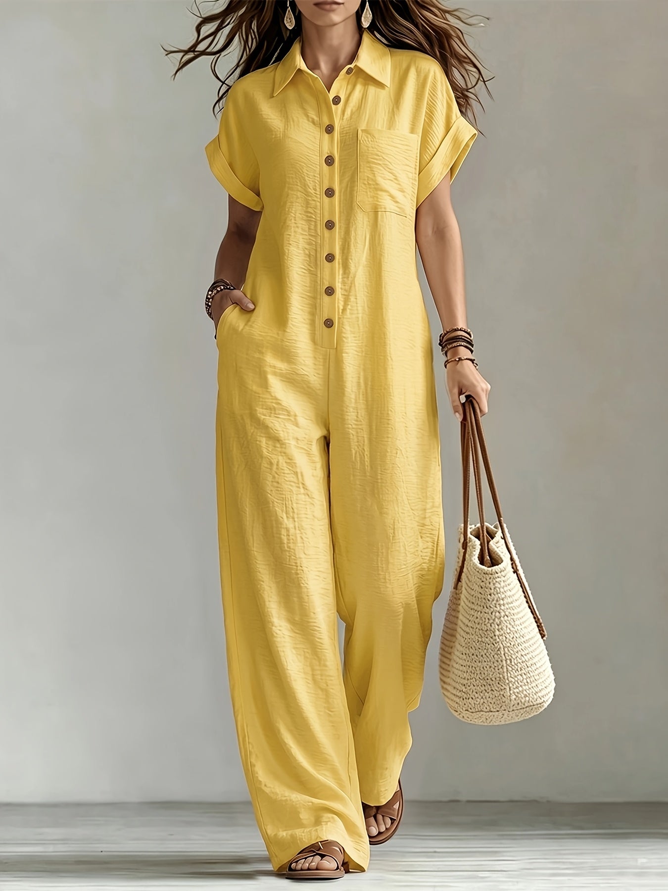 Effortless Linen Wide Leg Jumpsuit for Women with Collar Short Sleeve Button Front Relaxed Style