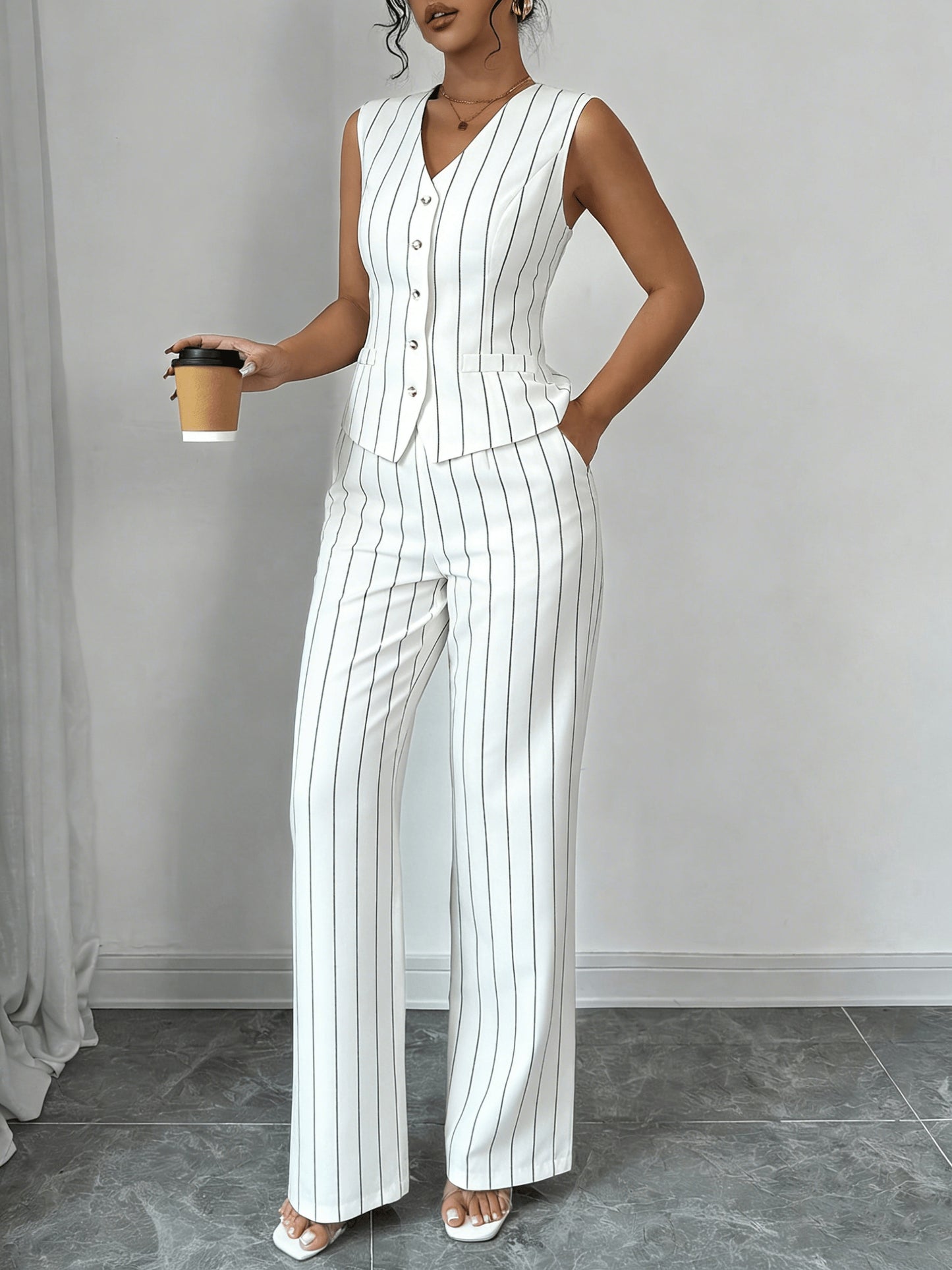 Elegant Grey Pinstripe Two Piece Set for Women with V Neck Button Front Vest Wide Leg Pant Formal Style