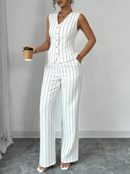 Elegant Grey Pinstripe Two Piece Set for Women with V Neck Button Front Vest Wide Leg Pant Formal Style