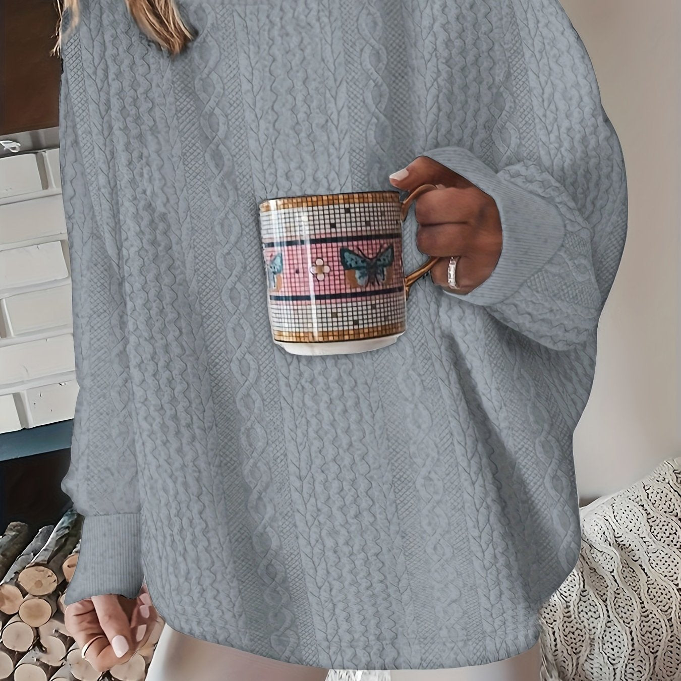 Comfortable Cable Knit Sweater for Women with Round Neck Long Sleeve Relaxed Oversized Knit Style