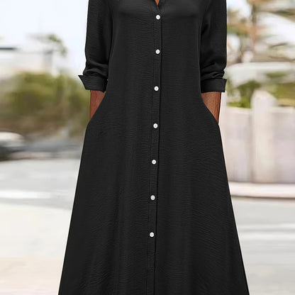 Effortless Shirt Dress for Women with Collar Long Sleeve Button Front Flowing Style