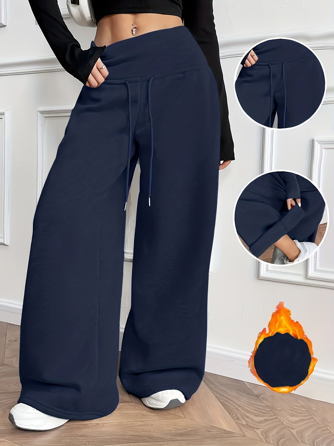 Effortless Fleece Wide Leg Pants for Women with High Waist Drawstring Relaxed Flowing Casual Style