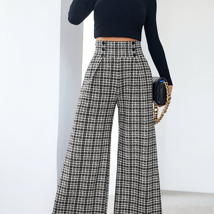 Elegant Multicolor Plaid Wide Leg Pants for Women with High Waist Button Front Pleated Casual Style