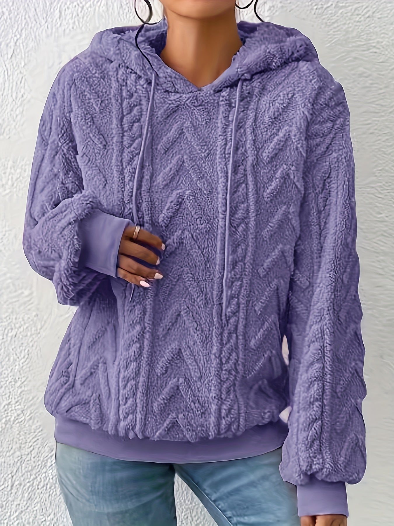 Comfortable Cable Knit Fleece Hoodie for Women with Drawstring Hood Long Sleeve Ribbed Cuff Oversized Style