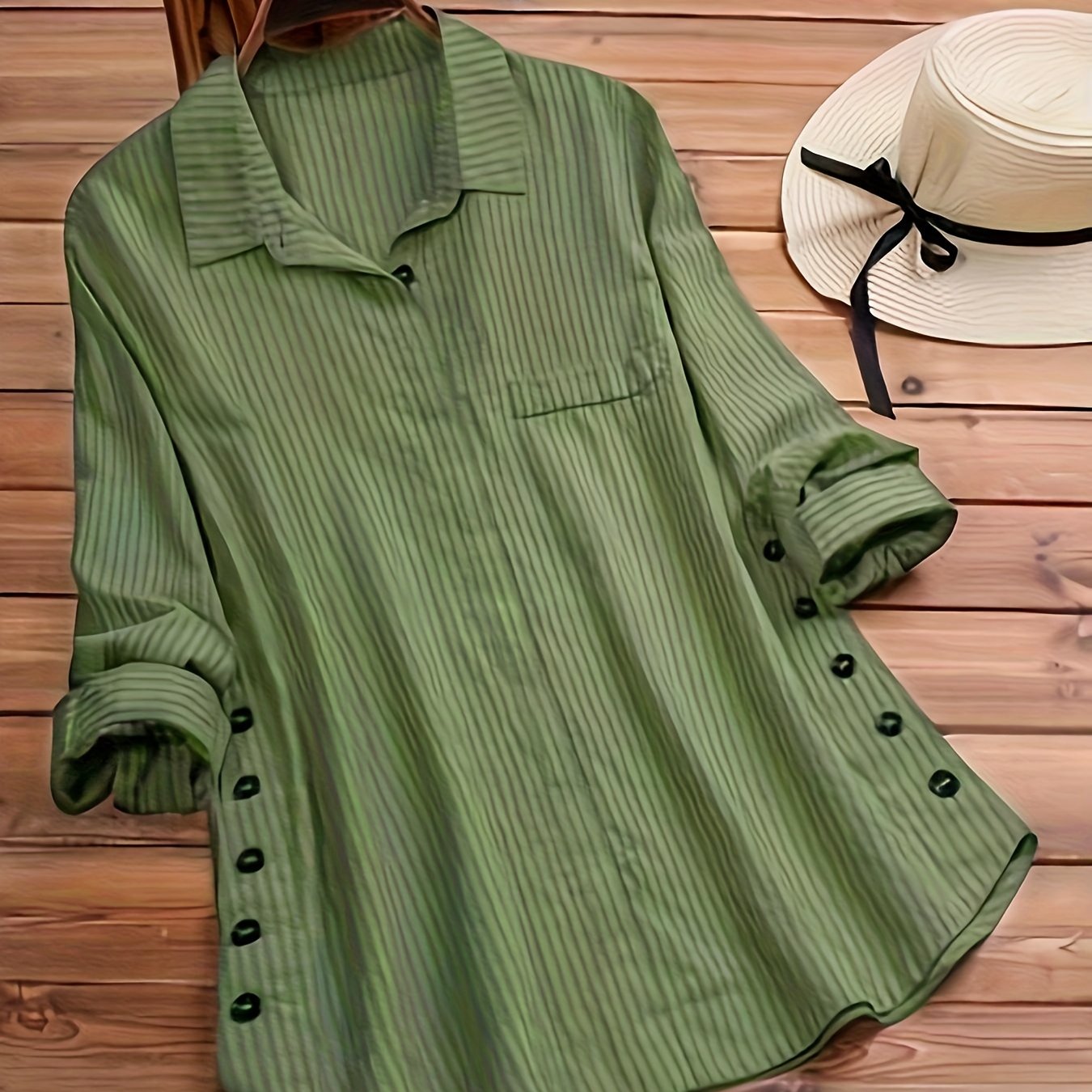 Effortless Striped Tunic Blouse for Women with Collar Long Sleeve Button Front Relaxed Style