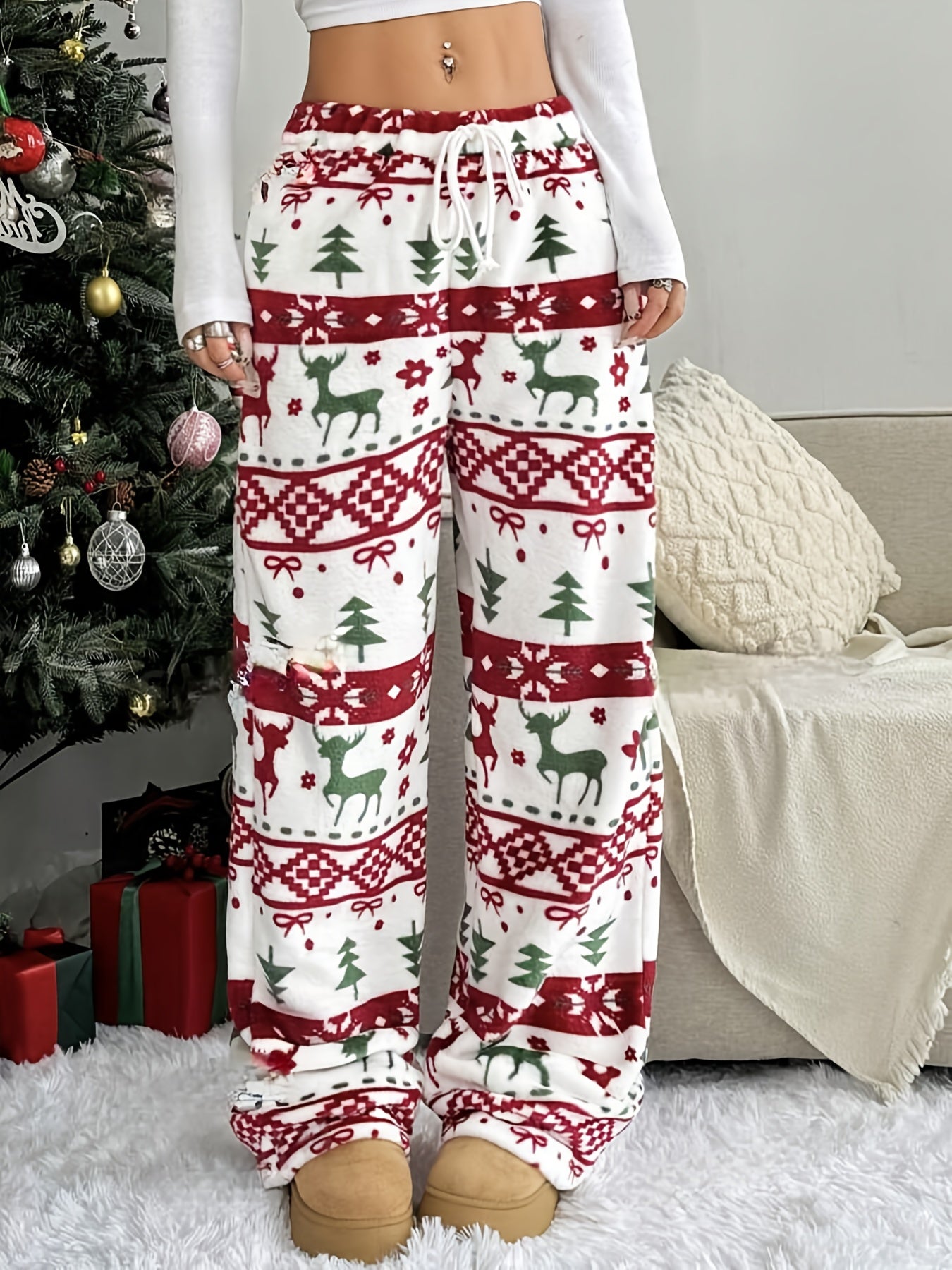 Comfortable Printed Fleece Pajama Pants for Women with High Waist Drawstring Wide Leg Cozy Style