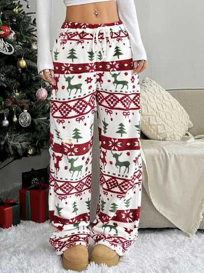 Comfortable Printed Fleece Pajama Pants for Women with High Waist Drawstring Wide Leg Cozy Style