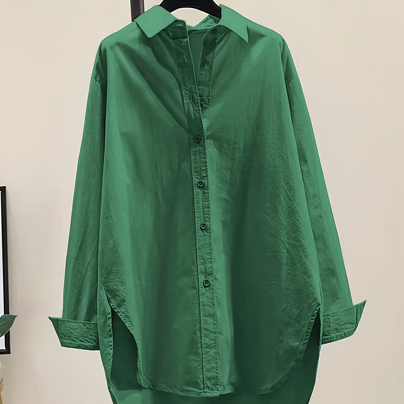Effortless Oversized Blouse for Women with Point Collar Long Sleeve High Low Curved Hem Relaxed Style