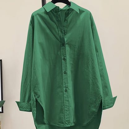 Effortless Oversized Blouse for Women with Point Collar Long Sleeve High Low Curved Hem Relaxed Style