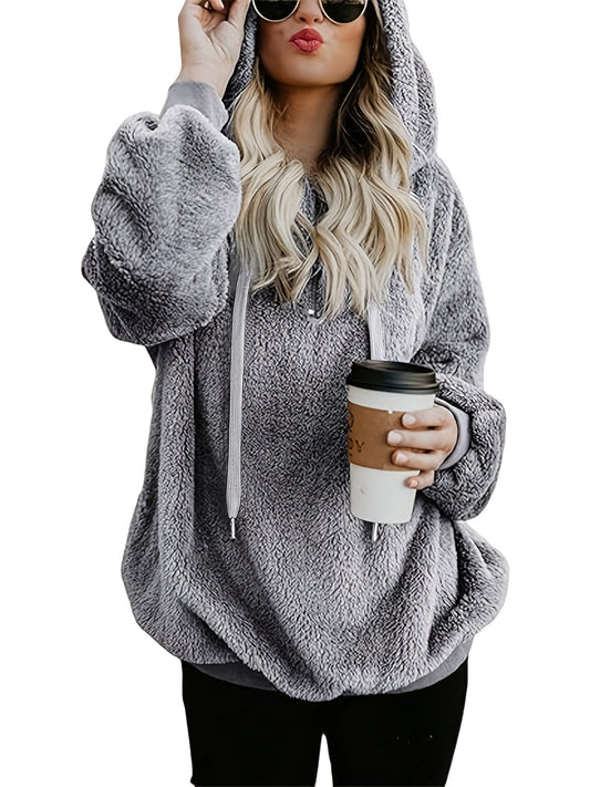 Comfortable Grey Sherpa Hoodie for Women with Quarter Zip Long Sleeve Relaxed Oversized Knit Style