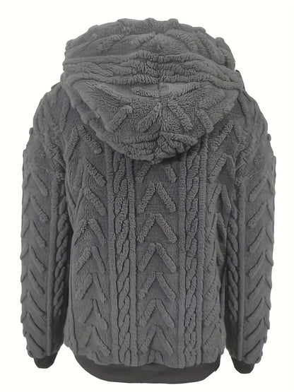 Comfortable Cable Knit Fleece Hoodie for Women with Drawstring Hood Long Sleeve Ribbed Cuff Oversized Style