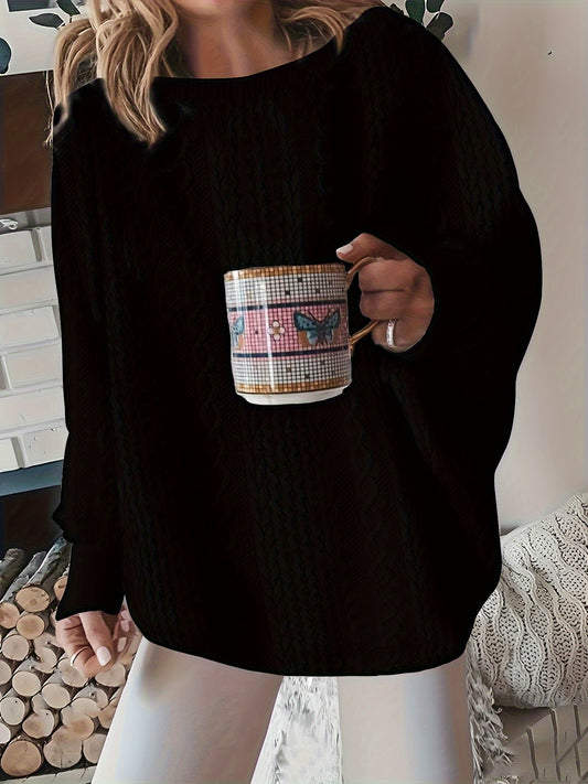 Comfortable Cable Knit Sweater for Women with Round Neck Long Sleeve Relaxed Oversized Knit Style