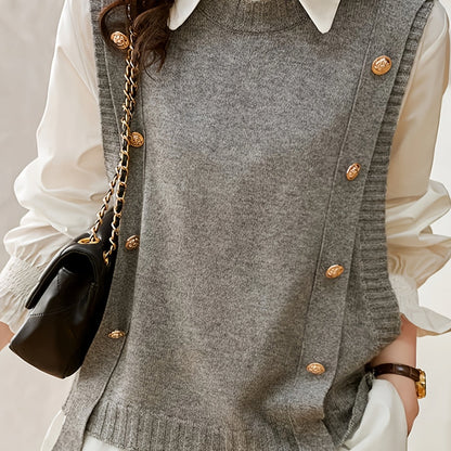 Comfortable Knit Sweater Vest for Women with Round Neck Sleeveless Button Front Ribbed Trim Style