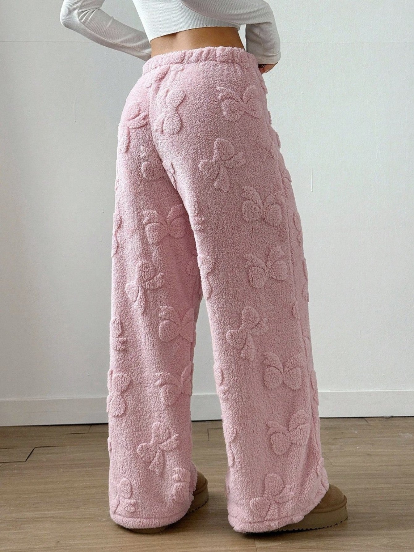Comfortable Pink Sherpa Wide Leg Pants for Women with High Waist Elastic Bow Print Cozy Style