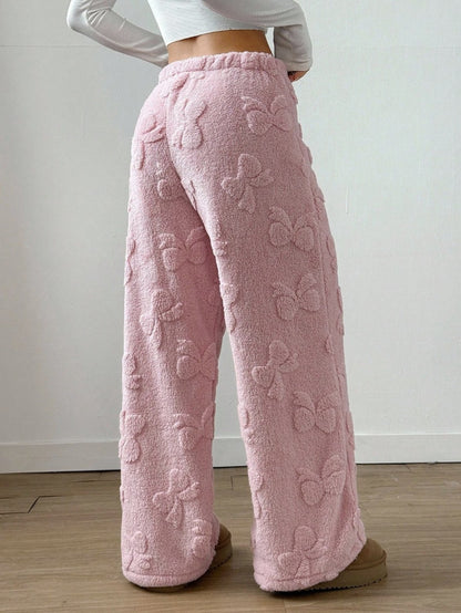 Comfortable Pink Sherpa Wide Leg Pants for Women with High Waist Elastic Bow Print Cozy Style