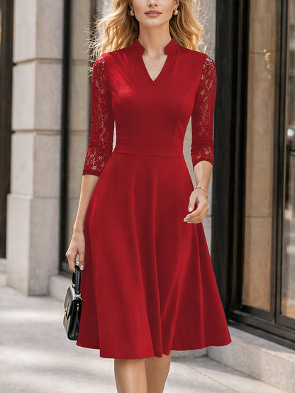 Elegant Lace Midi Dress for Women with V Neck Elbow Sleeve Fit and Flare Cocktail Style