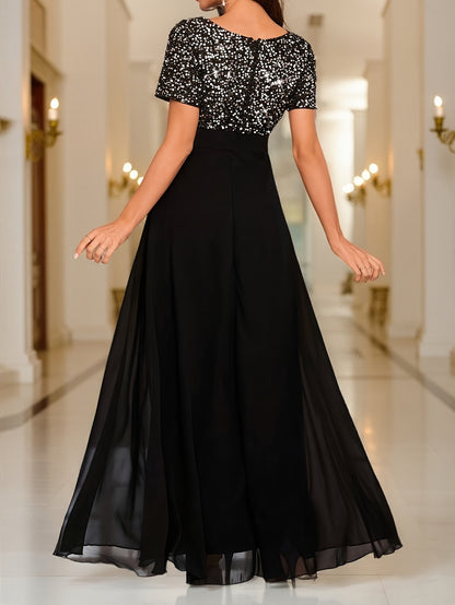 Elegant Sequin Maxi Dress for Women with V Neck Short Sleeve Empire Waist Flowing Formal Wedding Guest Style