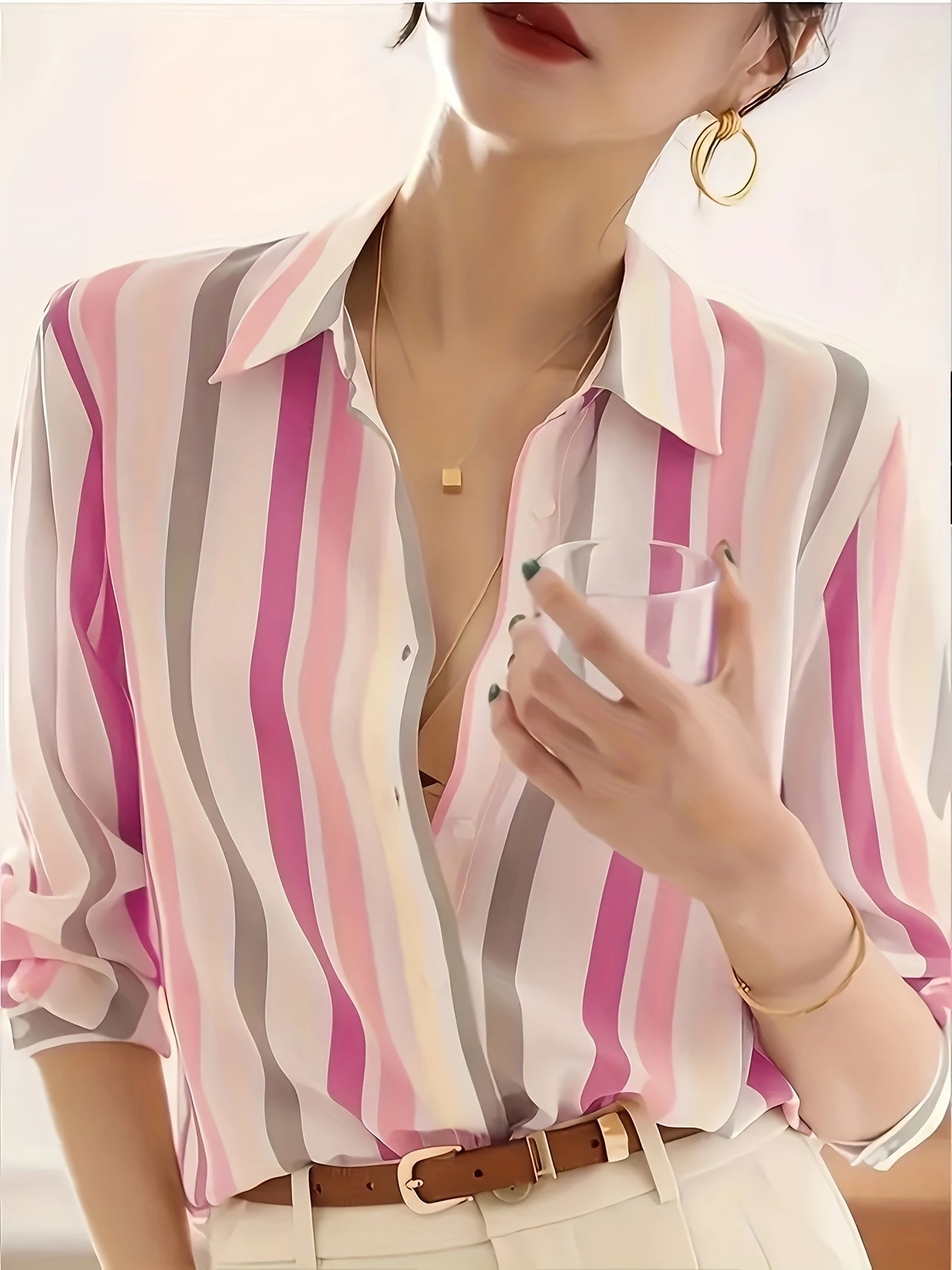 Effortless Striped Blouse for Women with Collar Long Sleeve Button Front Relaxed Style
