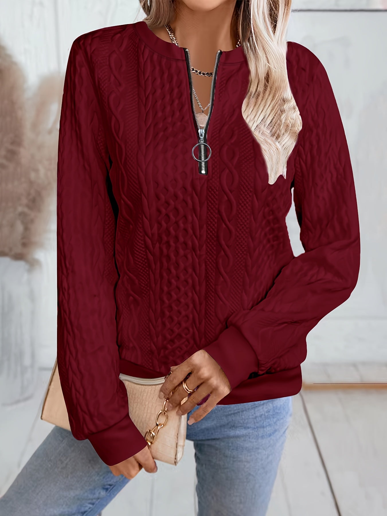 Comfortable Textured Sweater for Women with Zip Neck Long Sleeve Relaxed Oversized Knit Style