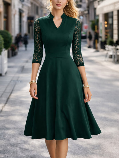Elegant Lace Midi Dress for Women with V Neck Elbow Sleeve Fit and Flare Cocktail Style