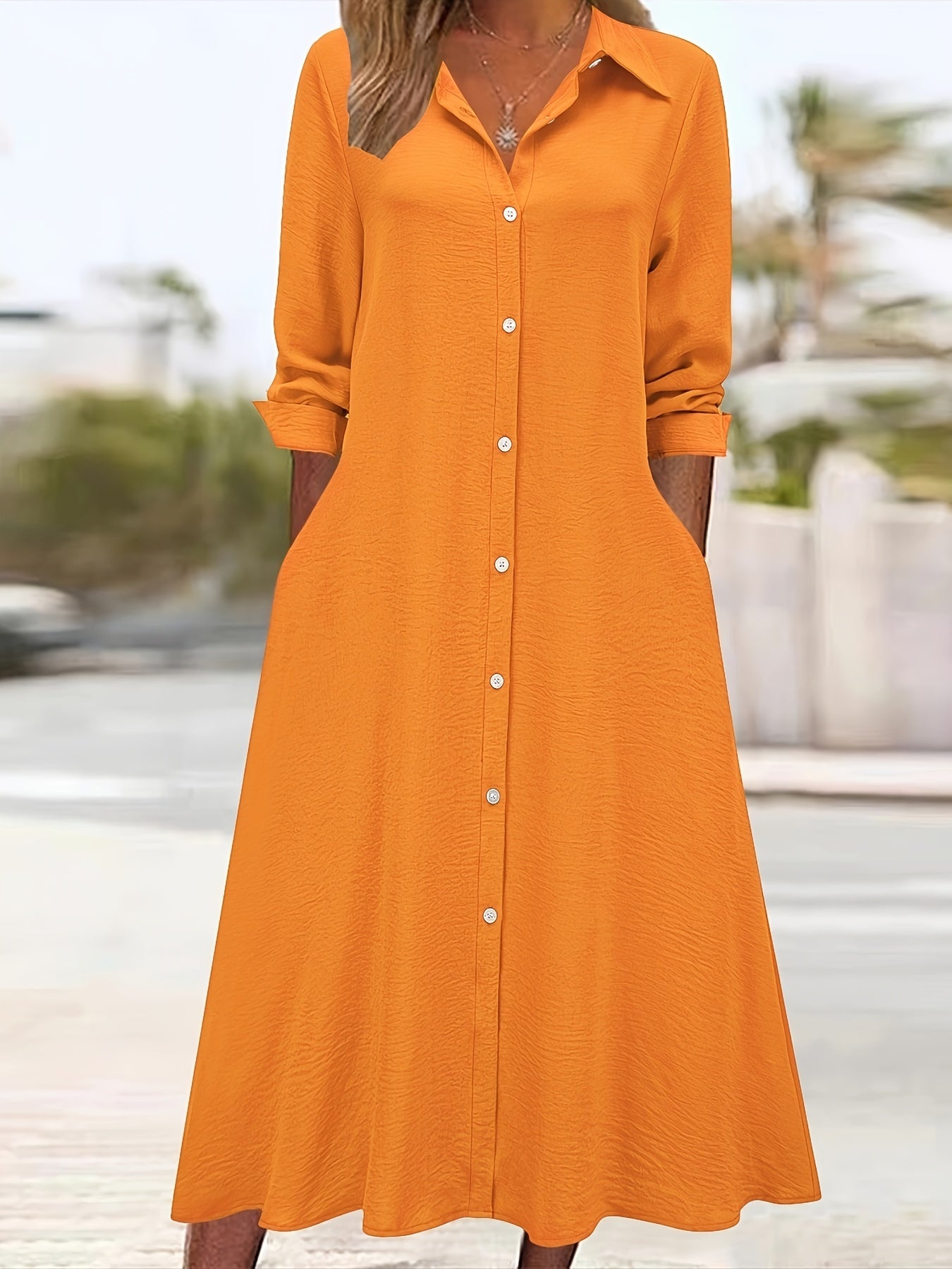 Effortless Shirt Dress for Women with Collar Long Sleeve Button Front Flowing Style