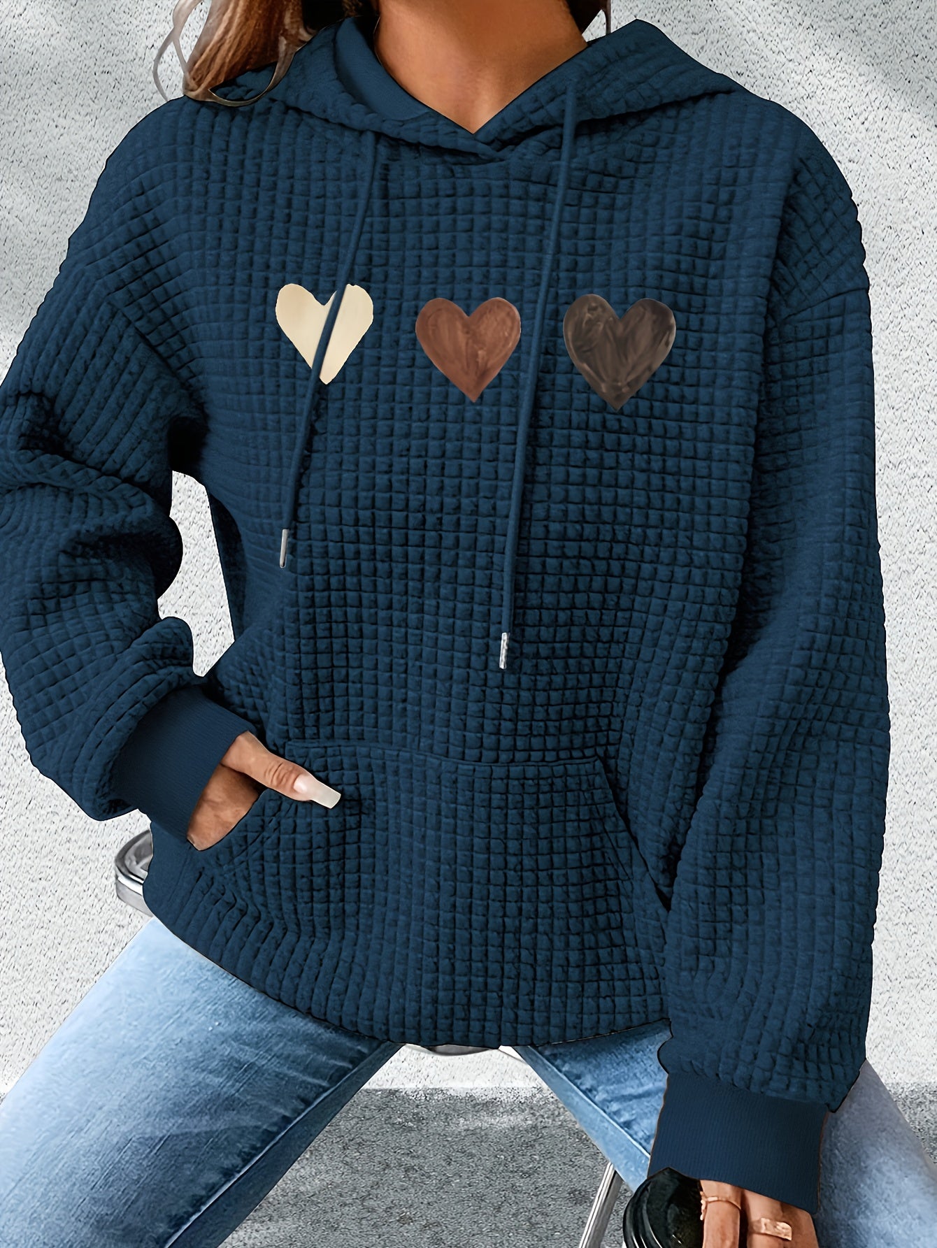 Effortless Heart Print Waffle Knit Hoodie for Women with Drawstring Hood Long Sleeve Oversized Relaxed Style