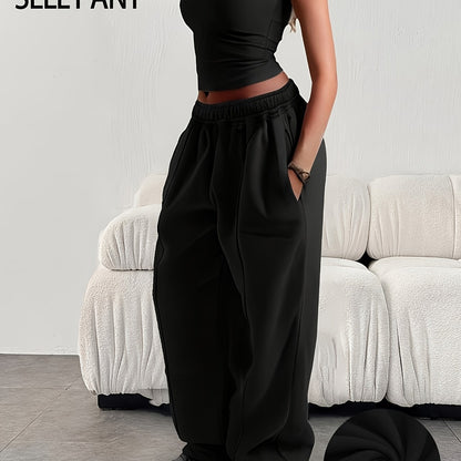 Comfortable Fleece Wide Leg Sweatpants for Women with High Waist Drawstring Relaxed Casual Style