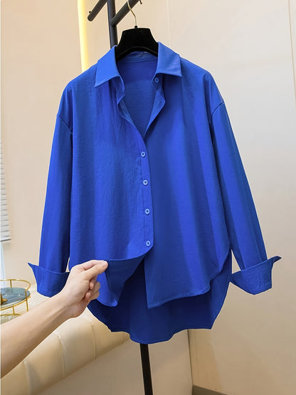 Effortless Oversized Blouse for Women with Point Collar Long Sleeve High Low Curved Hem Relaxed Style