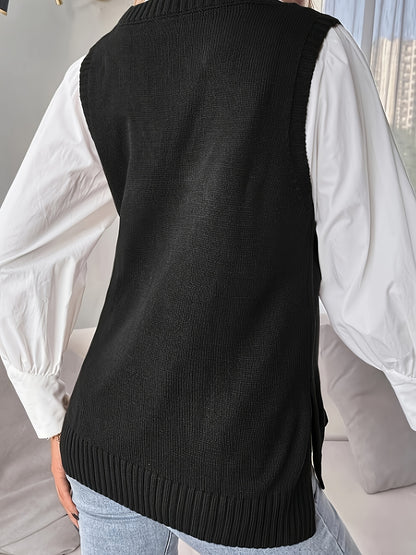 Comfortable Ribbed Knit Sweater Vest for Women with V Neck Sleeveless Relaxed Side Slit Casual Style