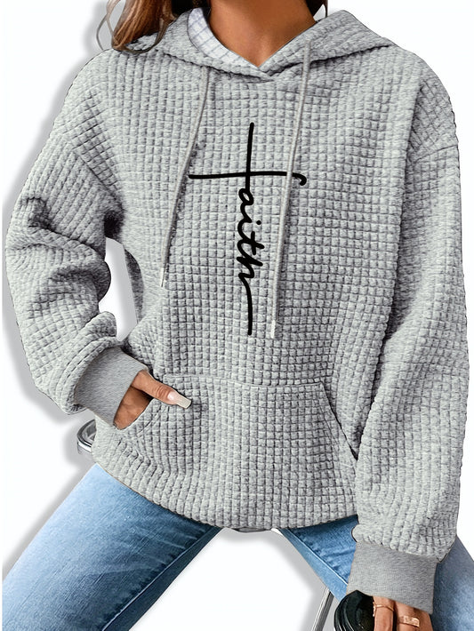Comfortable Waffle Knit Graphic Hoodie for Women with Drawstring Long Sleeve Kangaroo Pocket Oversized Style