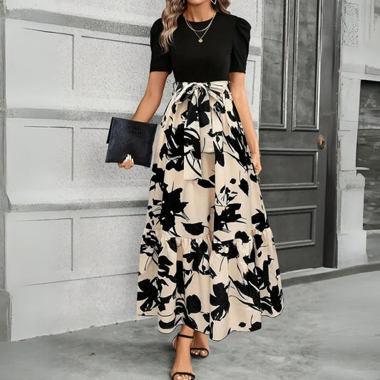 Elegant Floral Maxi Dress for Women with Round Neck Puff Sleeve Belted Tiered Style