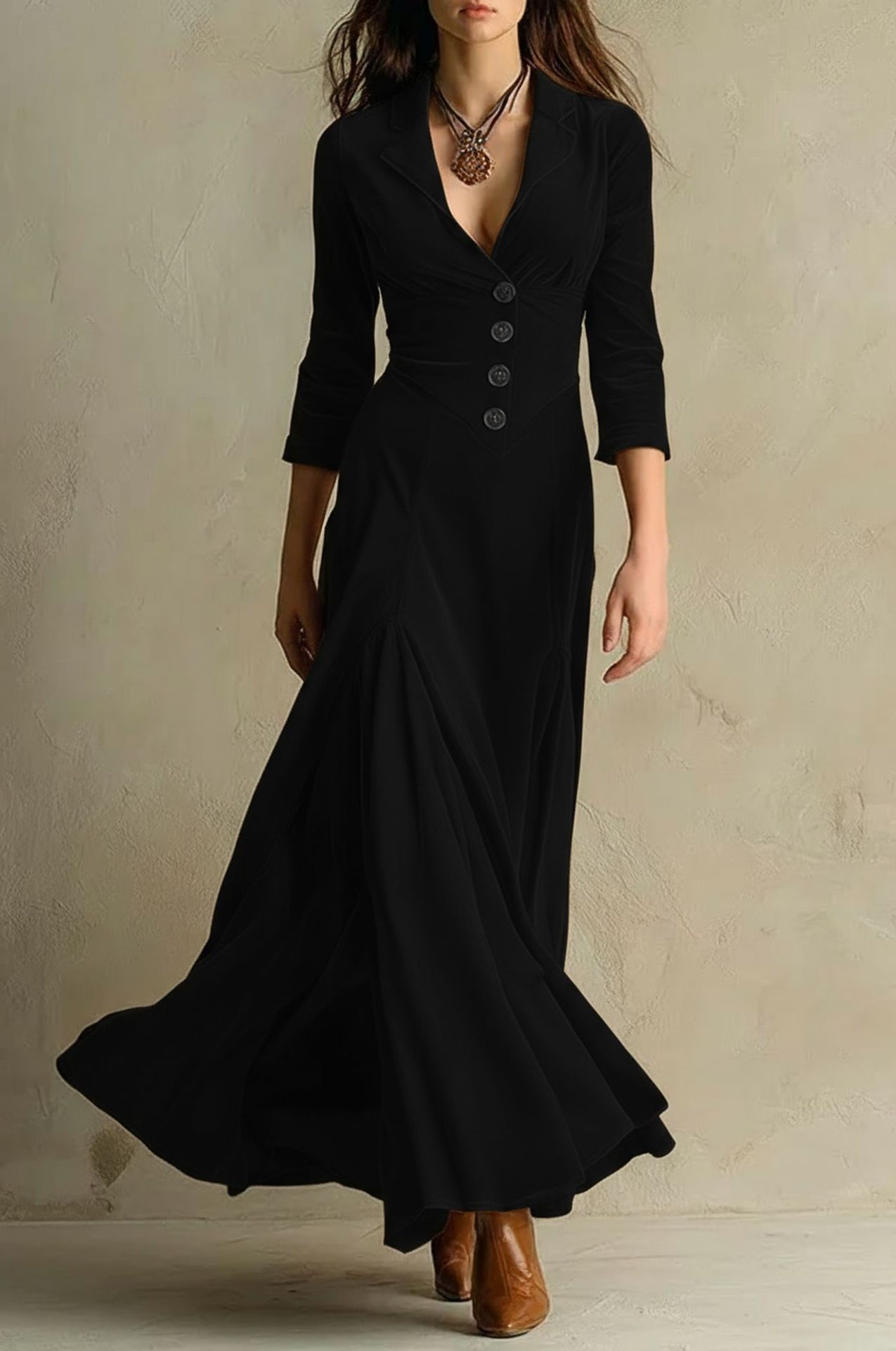 Elegant Velvet Maxi Dress for Women with Notch Collar Three Quarter Sleeve Button Front Flowing Vintage Style