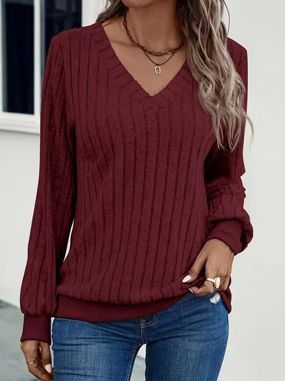 Comfortable Ribbed Knit Sweater for Women with V Neck Long Sleeve Relaxed Oversized Casual Style