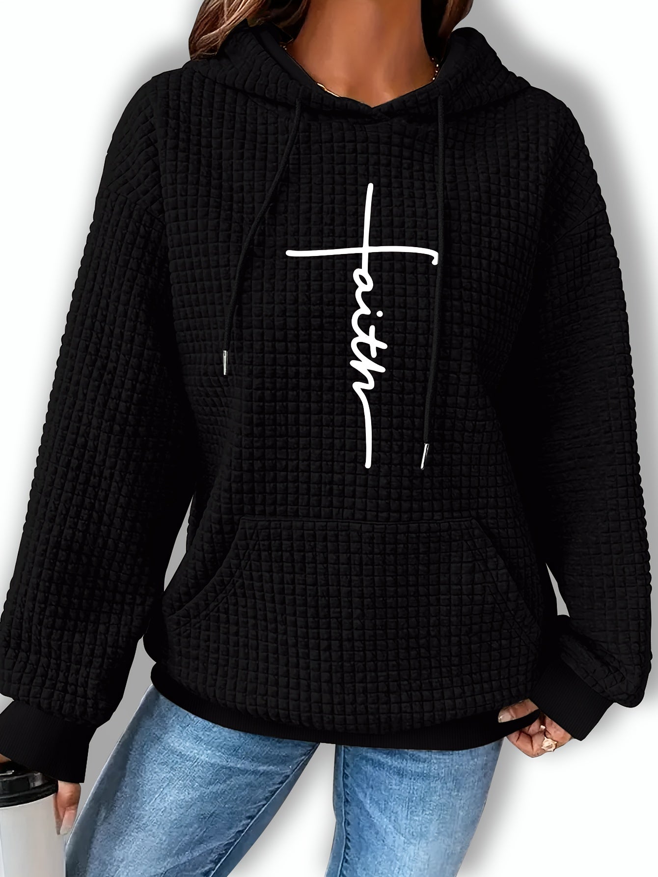 Comfortable Waffle Knit Graphic Hoodie for Women with Drawstring Long Sleeve Kangaroo Pocket Oversized Style