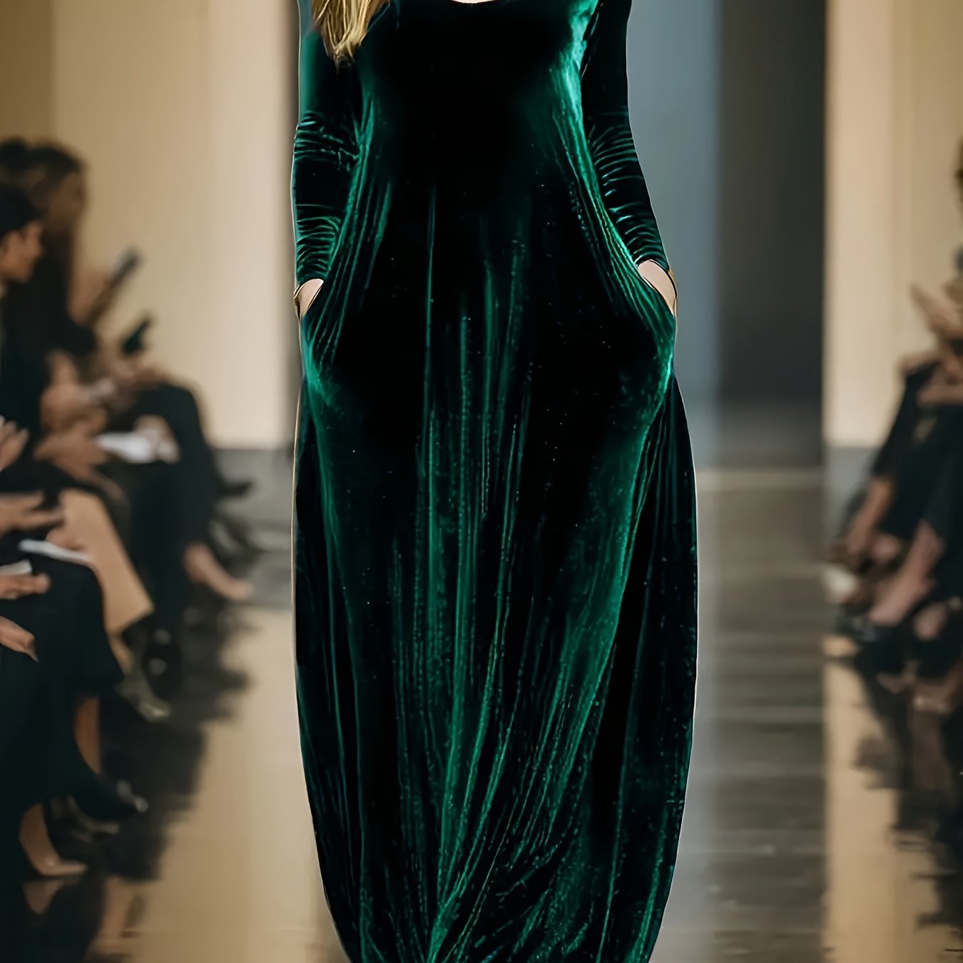 Elegant Velvet Maxi Dress for Women with Scoop Neck Long Sleeve Flowing Caftan Style