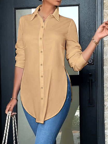 Effortless Tunic Blouse for Women with Collar Long Sleeve Button Front High Low Hem Style