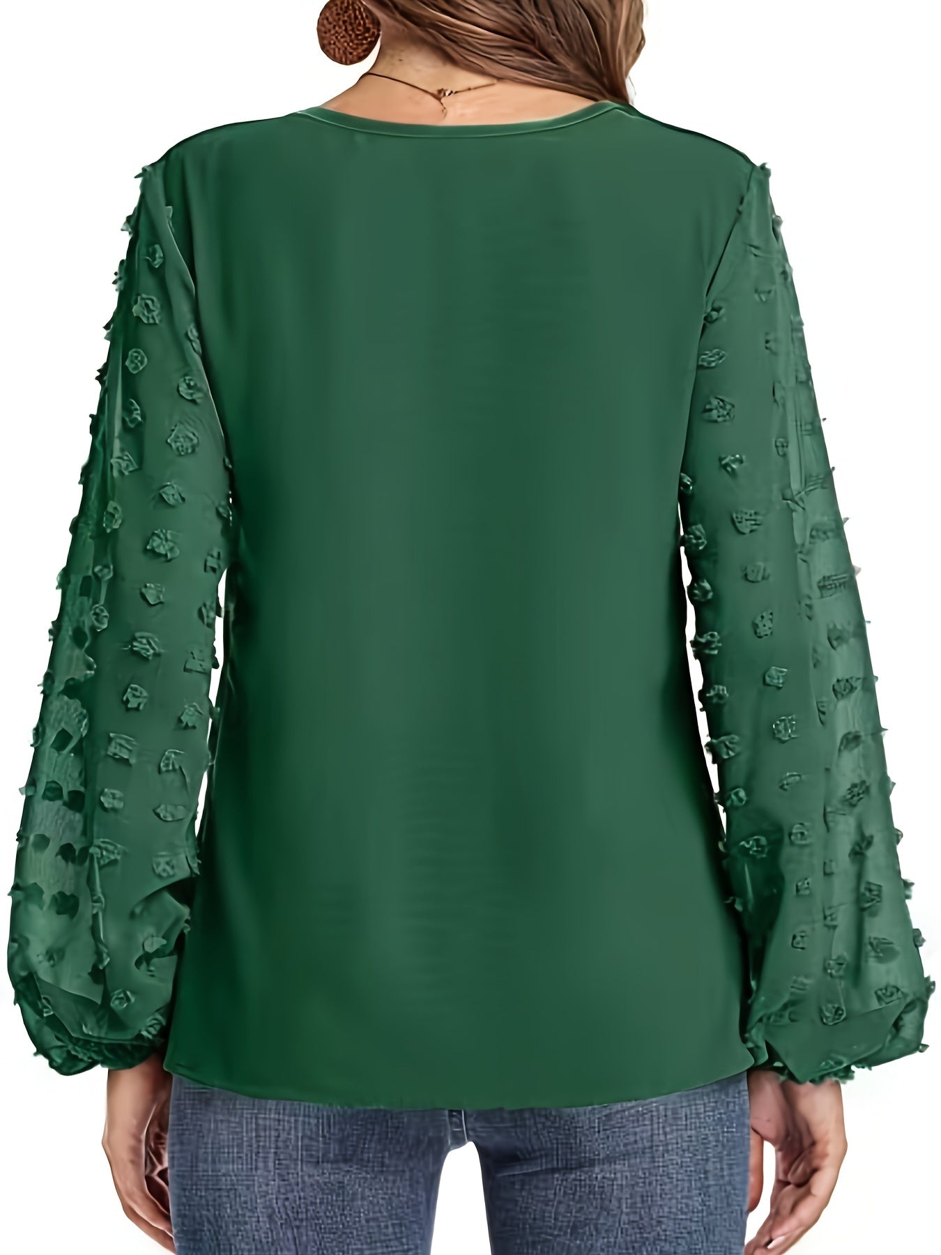 Elegant Swiss Dot Blouse for Women with V Neck Balloon Sleeve Relaxed Silky Style