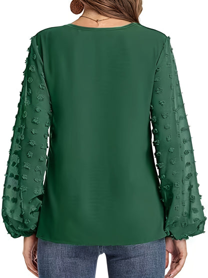 Elegant Swiss Dot Blouse for Women with V Neck Balloon Sleeve Relaxed Silky Style