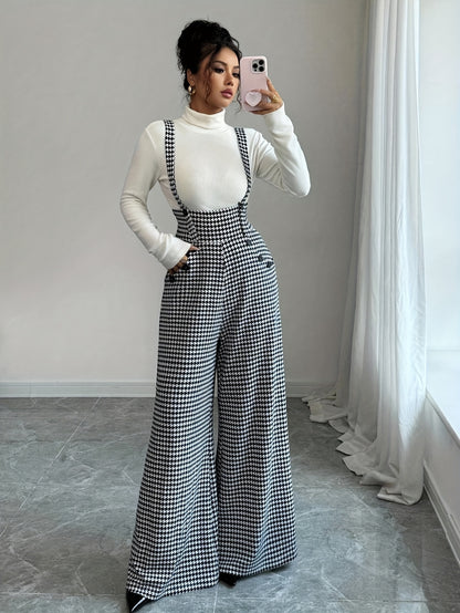Elegant Houndstooth Wide Leg Overalls for Women with Square Neck Sleeveless High Waist Button Front Relaxed Style